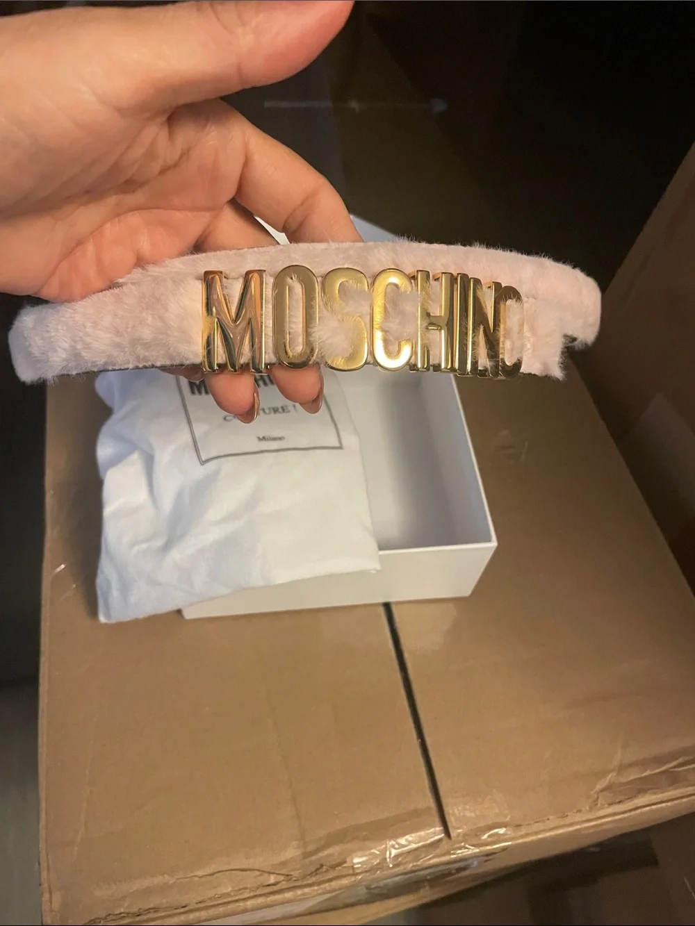 Moschino Gold Logo Pink Faux Fur Women's Belt  Size: 40
